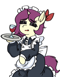 Size: 1810x2325 | Tagged: safe, artist:巧克力, imported from derpibooru, oc, oc only, oc:erhai ripple, bat pony, human, hybrid, pony, unicorn, clothes, cold, holding, horn, humanized, maid, red wine, simple background, white background