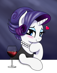 Size: 1175x1500 | Tagged: safe, artist:vomitvomiting, imported from derpibooru, rarity, pony, alcohol, alternate hairstyle, bedroom eyes, blushing, clothes, date, dress, glass, heart, hoof on chin, jewelry, looking at you, necklace, pearl necklace, solo, wine, wine glass