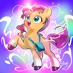 Size: 2048x2048 | Tagged: safe, artist:izuchi, imported from derpibooru, sunny starscout, alicorn, pony, artificial horn, artificial wings, augmented, female, g5, horn, magic, magic horn, magic wings, mare, race swap, raised hoof, signature, spread wings, sunny's bag, sunnycorn, tail, unshorn fetlocks, wings