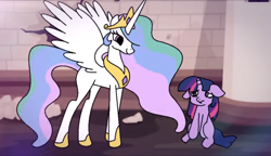 Size: 1872x1080 | Tagged: safe, artist:tamers12345, imported from derpibooru, princess celestia, twilight sparkle, alicorn, pony, unicorn, crown, floppy ears, horn, jewelry, looking at each other, looking at someone, my little pony the movie - shattered harmony, regalia, sitting, spread wings, unicorn twilight, wings