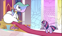 Size: 1873x1080 | Tagged: safe, artist:tamers12345, imported from derpibooru, princess celestia, twilight sparkle, alicorn, pony, unicorn, butt, horn, jewelry, looking at each other, looking at someone, my little pony the movie - shattered harmony, regalia, sitting, throne, throne room, unicorn twilight