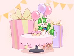 Size: 4000x3000 | Tagged: safe, artist:sugarstar, imported from derpibooru, oc, oc only, oc:sugarstar, pony, unicorn, balloon, birthday, cake, eyes closed, food, horn, present, smiling, solo, table