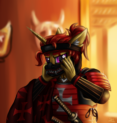 Size: 2000x2100 | Tagged: safe, artist:sunamoonmlp, derpibooru exclusive, imported from derpibooru, oc, oc only, anthro, pony, unicorn, armor, clothes, commission, costume, detailed background, ear fluff, horn, male, mask, samurai, stallion, sword, weapon