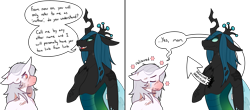 Size: 1839x807 | Tagged: safe, artist:shortbred, imported from derpibooru, queen chrysalis, oc, oc:taff, anthro, unicorn, comic, horn