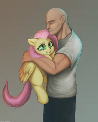 Size: 800x1000 | Tagged: safe, artist:darkdoomer, imported from derpibooru, fluttershy, oc, human, pegasus, pony, bald, duo, female, holding a pony, hug, hugging a pony, man, muscles