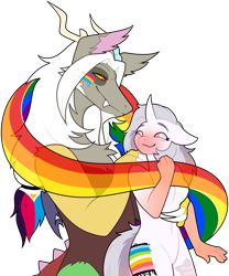 Size: 859x1031 | Tagged: safe, artist:shortbred, imported from derpibooru, discord, oc, oc:taff, anthro, draconequus, unicorn, horn, pansexual pride flag, polyamory pride flag, pride, pride flag, pride month, queer pride flag