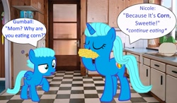 Size: 2996x1751 | Tagged: safe, artist:memeartboi, imported from derpibooru, pegasus, pony, unicorn, colt, confused, corn, cute, duo, duo male and female, eating, eyes closed, eyes open, female, foal, food, gumball watterson, horn, indoors, kitchen, little boy, male, mare, mother, mother and child, mother and son, nicole watterson, open mouth, pegasus wings, plate, ponified, raised hoof, speech bubble, standing, text, the amazing world of gumball, unicorn horn, wings