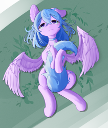 Size: 2894x3435 | Tagged: safe, imported from derpibooru, oc, oc only, pegasus, blue eyes, blue mane, blue tail, female, lying down, mare, on back, smiling, solo, spread wings, tail, wings