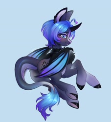 Size: 2292x2520 | Tagged: safe, artist:siatikas, imported from derpibooru, oc, oc only, alicorn, bat pony, bat pony alicorn, pony, alicorn oc, bat wings, blue background, butt, chest fluff, horn, leonine tail, plot, simple background, slit pupils, solo, tail, wings