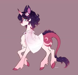 Size: 4096x3931 | Tagged: safe, artist:siatikas, imported from derpibooru, oc, oc only, classical unicorn, pony, unicorn, cape, chest fluff, clothes, cloven hooves, concave belly, female, fetlock tuft, flower, flower in hair, horn, leonine tail, mare, simple background, slender, thin, unshorn fetlocks