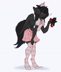 Size: 3475x4096 | Tagged: safe, artist:siatikas, imported from derpibooru, oc, oc only, anthro, pegasus, unguligrade anthro, clothes, floating heart, heart, one eye closed, school uniform, simple background, skirt, socks, solo, striped socks, thigh highs, tongue out, uniform, white background, wink