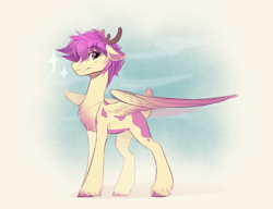 Size: 4616x3536 | Tagged: safe, artist:nettlemoth, imported from derpibooru, oc, oc only, oc:purple wingshade, deer, hybrid, pony, antlers, freckles, solo, unshorn fetlocks