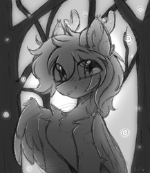 Size: 700x806 | Tagged: safe, artist:flixanoa, imported from derpibooru, oc, oc only, oc:purple wingshade, deer, hybrid, pegasus, pony, black and white, freckles, grayscale, monochrome, solo