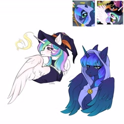 Size: 4096x4096 | Tagged: safe, artist:siatikas, imported from derpibooru, princess celestia, princess luna, alicorn, pony, choker, cloak, clothes, female, hat, magic, mare, screencap reference, simple background, white background, witch hat