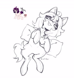 Size: 3894x4096 | Tagged: safe, artist:siatikas, imported from derpibooru, oc, oc:the doll, earth pony, original species, plush pony, pony, black and white, female, freckles, grayscale, lying down, mare, monochrome, plushie, simple background, sketch, solo, stitched body, white background