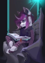 Size: 2314x3215 | Tagged: safe, artist:kai_kamoi, artist:kaikamoi, imported from derpibooru, oc, oc only, pony, unicorn, book, chair, clothes, curved horn, female, horn, mare, nose piercing, nose ring, piercing, reading, sitting, solo