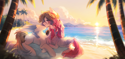 Size: 5000x2383 | Tagged: safe, artist:tyutya, imported from derpibooru, oc, oc only, pegasus, pony, beach, chest fluff, colored wings, commission, cuddling, detailed background, duo, female, glasses, headphones, horns, lying down, male, mare, oc x oc, ocean, palm tree, prone, shipping, stallion, straight, tree, water, wings