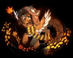 Size: 3672x2936 | Tagged: safe, artist:tyutya, imported from derpibooru, oc, oc only, pegasus, pony, abstract background, autumn leaves, aviator goggles, aviator hat, braid, braided tail, clothes, colored wings, ear fluff, fangs, goggles, hat, leaf, leaves, scarf, striped scarf, tail, unshorn fetlocks, wings