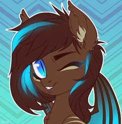 Size: 1980x2023 | Tagged: safe, artist:vensual99, imported from derpibooru, oc, oc only, bat pony, pony, abstract background, bust, ear fluff, ear tufts, female, gradient background, mare, one eye closed, slit pupils, solo, wink