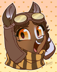 Size: 2000x2494 | Tagged: safe, artist:vensual99, imported from derpibooru, oc, oc only, pony, abstract background, aviator goggles, aviator hat, clothes, goggles, goggles on head, gradient background, hat, scarf, solo, striped scarf