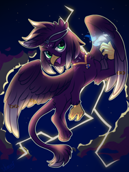 Size: 1500x2000 | Tagged: safe, artist:vensual99, imported from derpibooru, oc, oc only, griffon, circlet, flying, jewelry, lightning, magic, male, necklace, solo, wing jewelry, wings