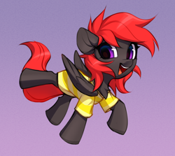 Size: 1492x1328 | Tagged: safe, artist:vensual99, imported from derpibooru, oc, oc only, pegasus, pony, chest fluff, clothes, dancing, dark coat, dark gray coat, folded wings, gradient background, gray coat, looking at you, oc name needed, open mouth, open smile, paper background, paper texture, purple eyes, red mane, red tail, shirt, smiling, smiling at you, solo, t-shirt, tail, wings