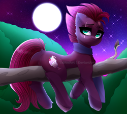 Size: 2217x2000 | Tagged: safe, artist:taiweiart, imported from derpibooru, fizzlepop berrytwist, tempest shadow, pony, unicorn, broken horn, butt, chest fluff, dock, eye scar, facial scar, featureless crotch, female, full moon, horn, mare, moon, night, outdoors, plot, scar, solo, tail, tree branch