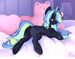 Size: 2256x1800 | Tagged: safe, artist:shooshaa, imported from derpibooru, oc, oc only, pony, bed, commission, female, hair over one eye, horns, indoors, lying down, mare, pillow, plushie, prone, solo, teddy bear