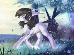 Size: 2520x1888 | Tagged: safe, artist:vitani, imported from derpibooru, oc, oc only, earth pony, pony, choker, collar, female, flower, flower in hair, mare, nature, solo, unshorn fetlocks