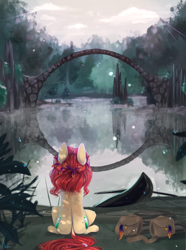 Size: 1860x2500 | Tagged: safe, artist:vitani, imported from derpibooru, oc, oc only, earth pony, pony, bag, bridge, female, mare, reflection, saddle bag, scenery, sitting, solo, water