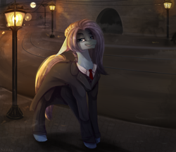 Size: 2304x1980 | Tagged: safe, artist:vitani, imported from derpibooru, earth pony, pony, city, clothes, coat, female, full moon, lantern, mare, moon, necktie, night, smiling, solo