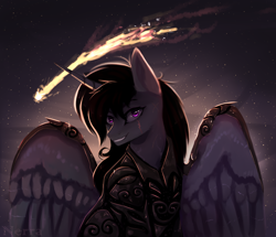 Size: 2328x2000 | Tagged: safe, artist:vitani, imported from derpibooru, oc, alicorn, pony, alicorn oc, armor, eye scar, facial scar, horn, scar, shooting star, smiling, solo, spread wings, wings