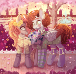 Size: 1944x1892 | Tagged: safe, artist:vitani, imported from derpibooru, oc, oc only, earth pony, pony, basket, bowtie, clothes, duo, female, flower, flower in hair, fountain, garter straps, horns, mare, mouth hold, park, sweater, unshorn fetlocks, wings