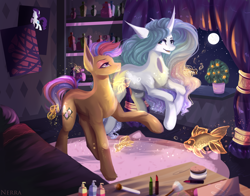 Size: 2220x1744 | Tagged: safe, artist:vitani, imported from derpibooru, oc, oc only, earth pony, fish, pony, unicorn, bedroom, bubble, curved horn, duo, female, full moon, horn, magic, makeup, mare, moon, night