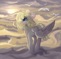 Size: 1976x1896 | Tagged: safe, artist:vitani, imported from derpibooru, oc, oc only, bird, pegasus, pony, bow, cloud, female, hair bow, mare, on a cloud, open mouth, open smile, smiling, solo