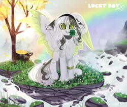 Size: 2372x2000 | Tagged: safe, artist:vitani, imported from derpibooru, oc, oc only, pegasus, pony, armband, beauty mark, chest fluff, clover, floating island, four leaf clover, hairband, mouth hold, sitting, smiling, solo, tree