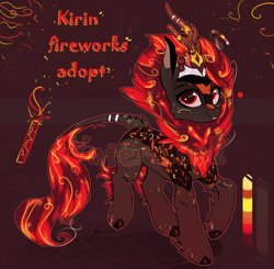 Size: 1815x1776 | Tagged: safe, artist:vitani, imported from derpibooru, oc, oc only, kirin, adoptable, fetlock tuft, fireworks, jewelry, leonine tail, reference sheet, ring, solo, tail, tail ring, watermark