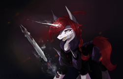 Size: 3000x1940 | Tagged: safe, artist:vitani, imported from derpibooru, oc, oc only, pony, unicorn, armor, female, horn, magic, mare, solo, sword, telekinesis, weapon