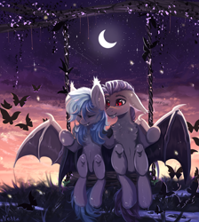 Size: 1788x2000 | Tagged: safe, artist:vitani, imported from derpibooru, oc, oc only, bat pony, butterfly, pony, chest fluff, claws, crescent moon, duo, fangs, female, male, mare, moon, night, oc x oc, scar, shipping, sitting, spread wings, stallion, straight, swing, wing claws, wings