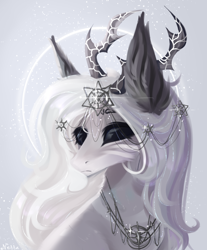 Size: 1316x1588 | Tagged: safe, artist:vitani, imported from derpibooru, oc, oc only, pony, abstract background, black sclera, blank eyes, bust, female, headdress, horns, jewelry, mare, necklace, portrait