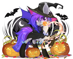 Size: 1972x1600 | Tagged: safe, artist:vitani, imported from derpibooru, oc, oc only, bat, bat pony, pony, candy, clothes, female, food, halloween, hat, holiday, jack-o-lantern, lollipop, mare, mouth hold, pumpkin, socks, solo, witch costume, witch hat