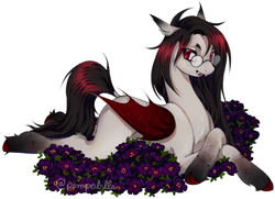 Size: 1280x927 | Tagged: safe, artist:pompolilla, imported from derpibooru, oc, oc:cherry, bat pony, pony, female, flower, glasses, lying down, mare, prone, simple background, solo, white background