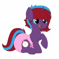 Size: 2048x2048 | Tagged: safe, imported from derpibooru, oc, oc only, oc:charming dazz, pony, unicorn, diaper, female, female oc, filly, filly oc, foal, horn, looking at you, open mouth, pink diaper, raised hoof, simple background, sitting, two toned mane, unicorn oc, white background