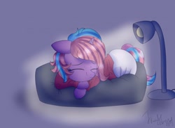 Size: 700x516 | Tagged: artist needed, safe, imported from derpibooru, oc, oc only, oc:charming dazz, pony, unicorn, clothes, diaper, eyes closed, female, female oc, filly, filly oc, floppy ears, foal, horn, lamp, lying down, prone, signature, sleeping, solo, unicorn oc