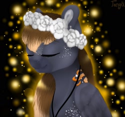 Size: 1598x1500 | Tagged: safe, artist:dorry, imported from derpibooru, oc, pegasus, pony, bust, coat markings, dark muzzle, eyes closed, facial markings, female, female oc, floral head wreath, flower, folded wings, freckles, jewelry, mare, mare oc, necklace, old art, pegasus oc, wings