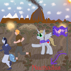 Size: 1919x1919 | Tagged: safe, artist:xada, imported from derpibooru, oc, oc:emperor bigpip, alicorn, alien, human, alicorn oc, antennae, bottomless, clothes, cloud, detailed background, flag, flag waving, horn, humanoid, knife, mountain, mountain range, pants, partial nudity, propaganda poster, rimworld, robe, shirt, shoes, smoke, snowy mountain, sun, text, trio, volcano, wings