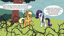 Size: 1920x1080 | Tagged: safe, artist:platinumdrop, imported from derpibooru, applejack, rarity, earth pony, pony, unicorn, look before you sleep, black vine, commission, dialogue, horn, my little pony, speech bubble