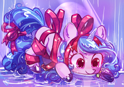 Size: 3508x2480 | Tagged: safe, artist:izuchi, imported from derpibooru, izzy moonbow, pony, unicorn, bow, g5, hair bow, horn, looking down, moon, rain, ribbon, solo, tail, tail bow, water