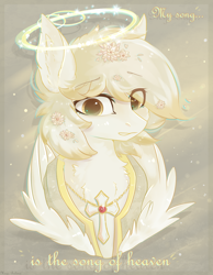 Size: 1212x1564 | Tagged: safe, artist:vitani, imported from derpibooru, oc, oc only, angel pony, original species, pony, angel, bust, clothes, flower, flower in hair, halo, jewelry, necklace, portrait, rosary, solo