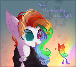 Size: 2000x1756 | Tagged: safe, artist:vitani, imported from derpibooru, oc, oc only, butterfly, pony, female, heterochromia, mare, multicolored hair, rainbow hair, solo